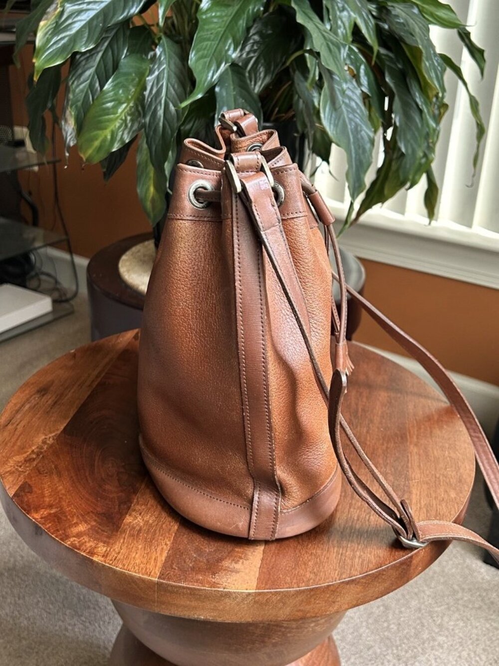BURBERRY Calfskin Drawstring Bucket Bag, British Tan - Picture 6 of 13